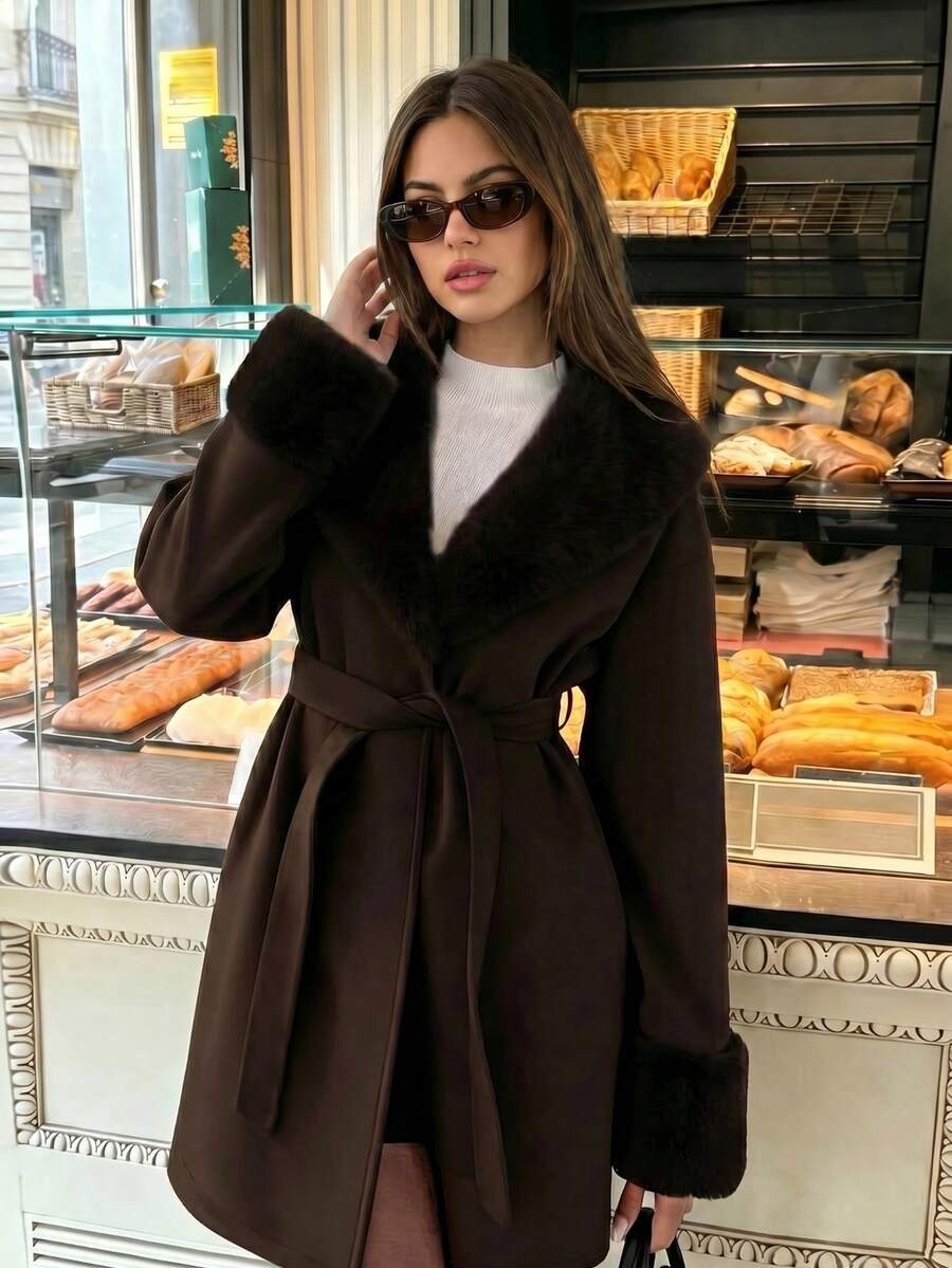Women's Faux Fur Trim Belted Coat Long Sleeve Open Front Winter Jacket - Brown - photo 4