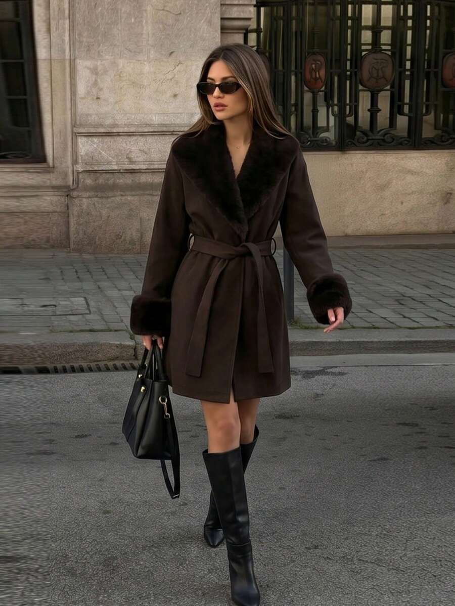 Women's Faux Fur Trim Belted Coat Long Sleeve Open Front Winter Jacket - Brown - photo 8