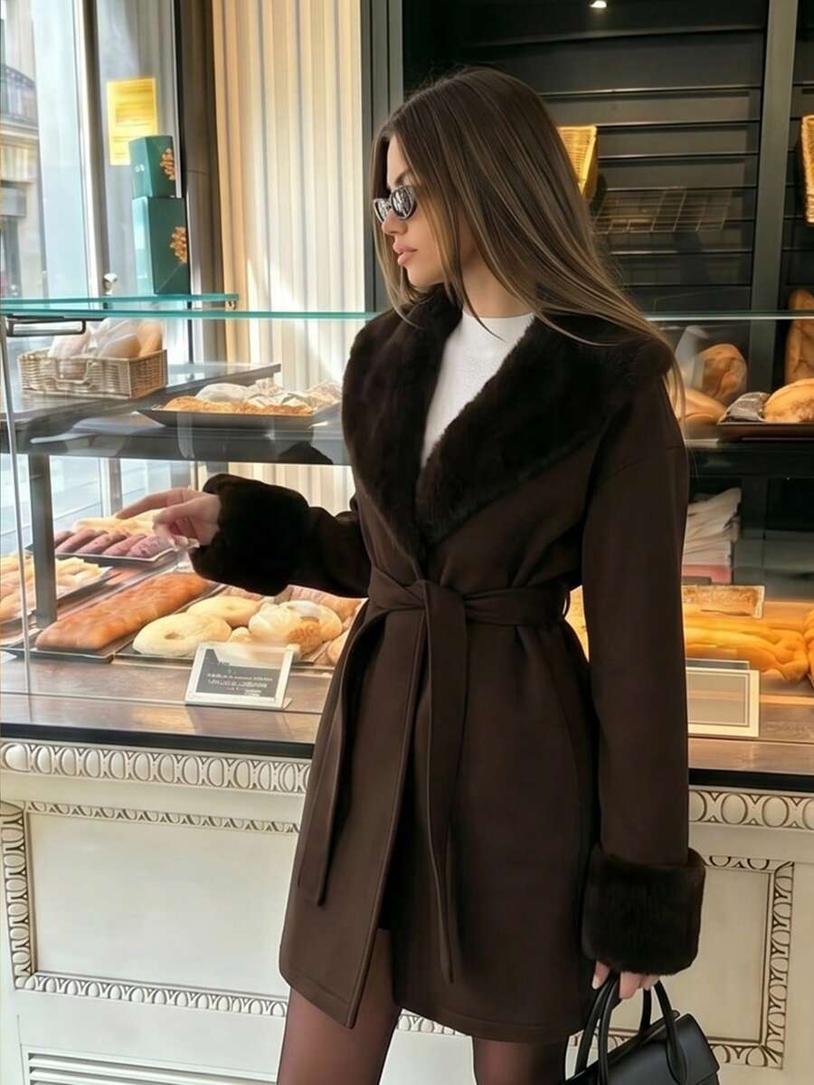 Women's Faux Fur Trim Belted Coat Long Sleeve Open Front Winter Jacket - Brown - photo 5