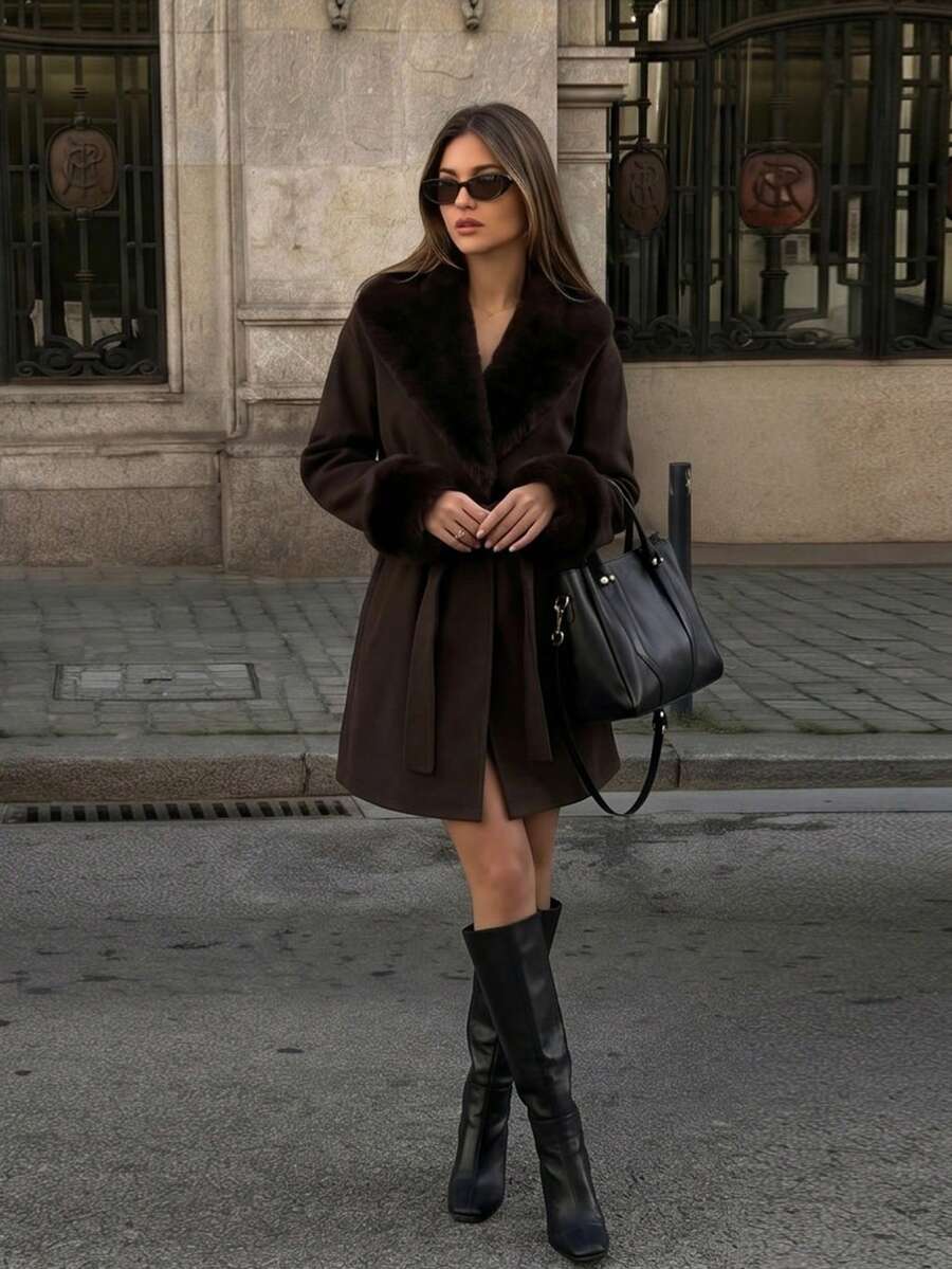 Women's Faux Fur Trim Belted Coat Long Sleeve Open Front Winter Jacket - Brown - photo 10