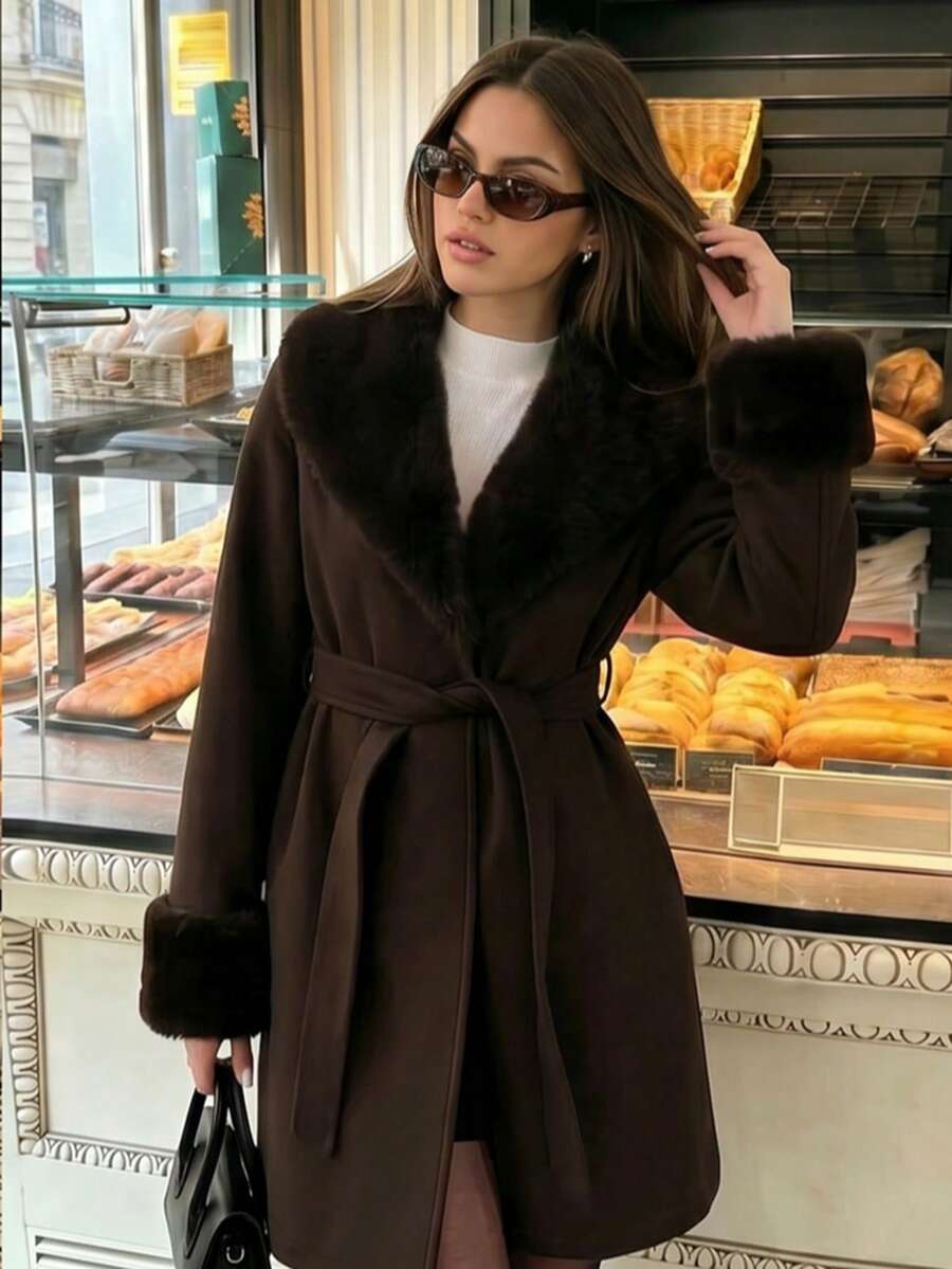 Women's Faux Fur Trim Belted Coat Long Sleeve Open Front Winter Jacket - Brown - photo 6