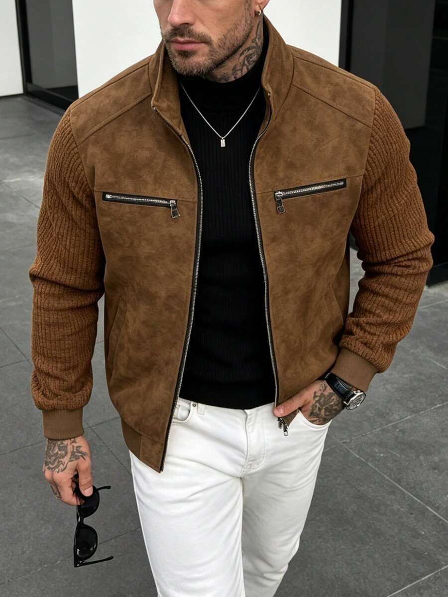 Men's Faux Leather Biker Jacket with Knit Sleeves - Camel - photo 4
