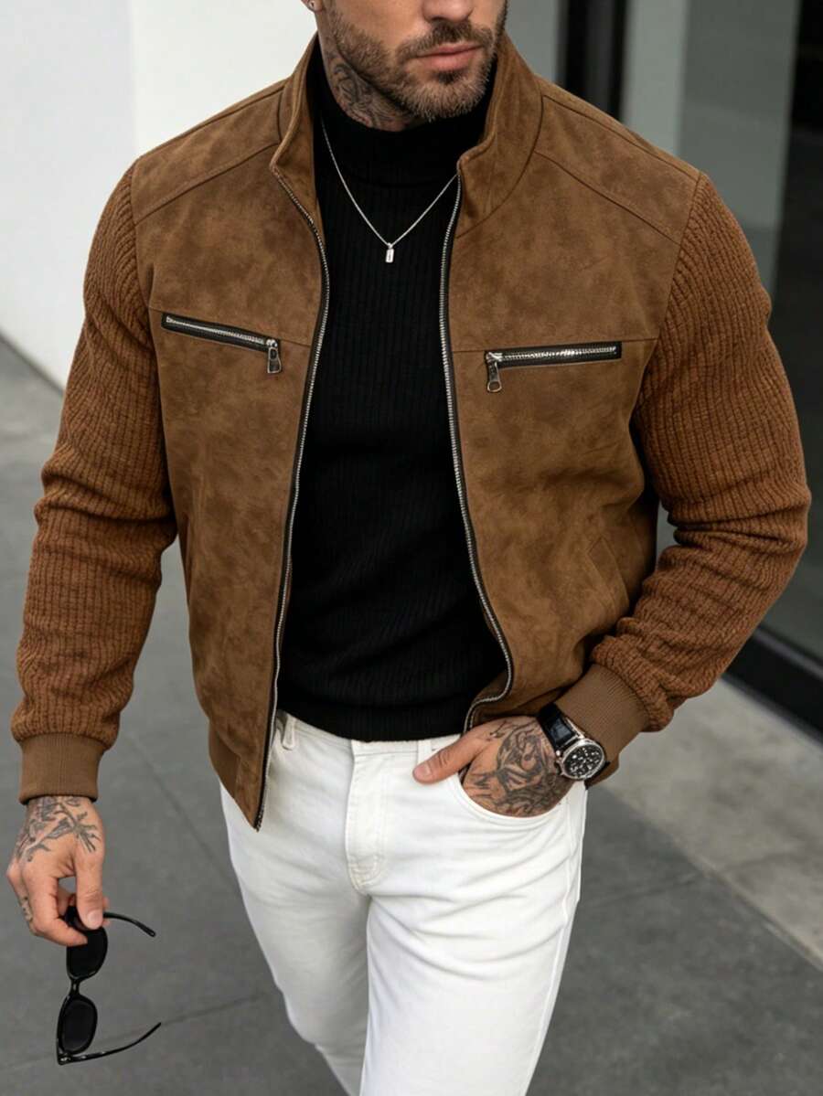 Men's Faux Leather Biker Jacket with Knit Sleeves - Camel - photo 2