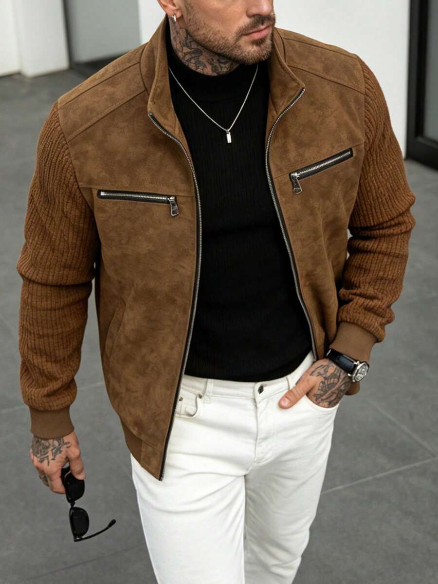 Men's Faux Leather Biker Jacket with Knit Sleeves - Camel - photo 3