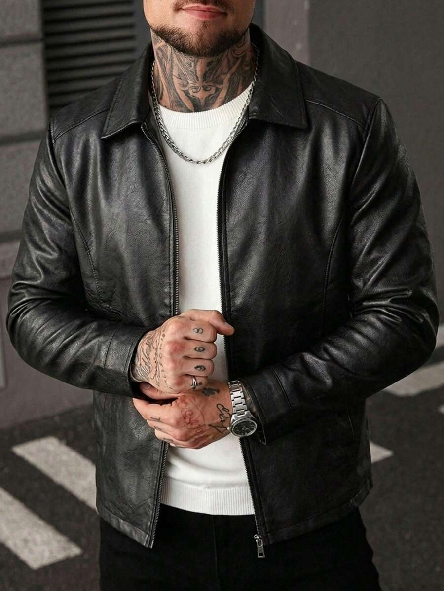 Men's Black Faux Leather Jacket - Black - photo 2