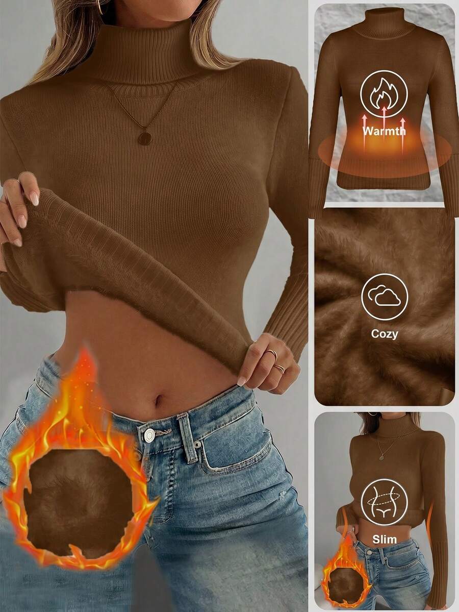Rib Knit Turtleneck Sweater Long Sleeve Slim Fit - Brown - photo 3