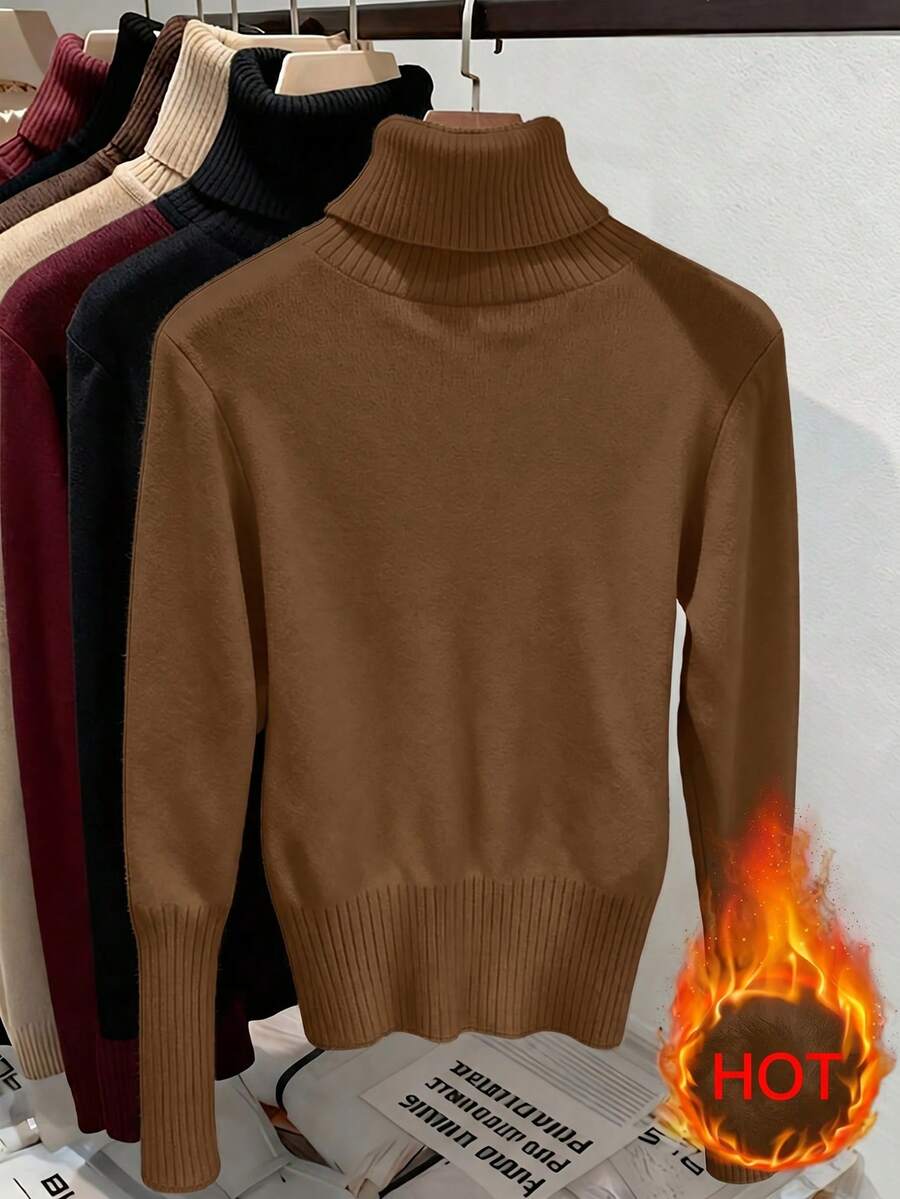 Rib Knit Turtleneck Sweater Long Sleeve Slim Fit - Brown - photo 2