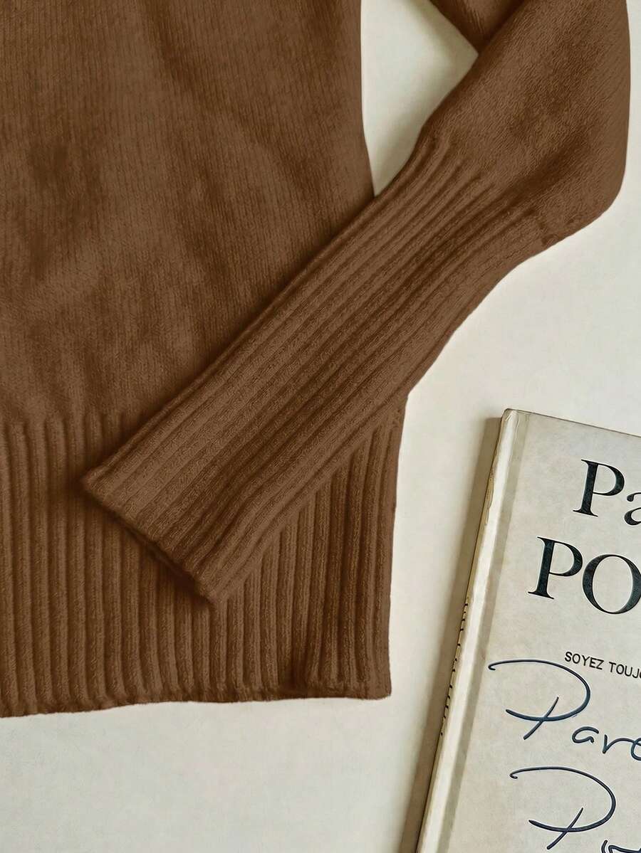 Rib Knit Turtleneck Sweater Long Sleeve Slim Fit - Brown - photo 5