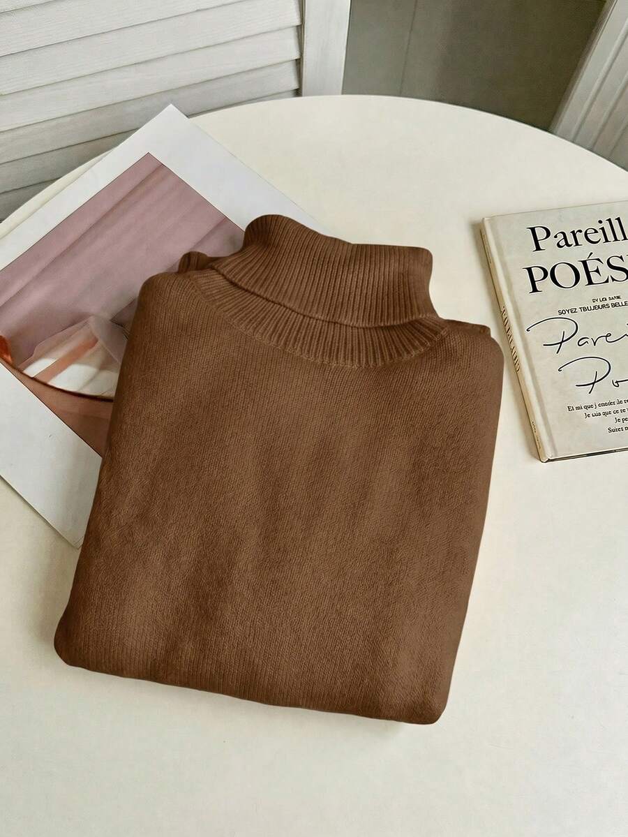 Rib Knit Turtleneck Sweater Long Sleeve Slim Fit - Brown - photo 6