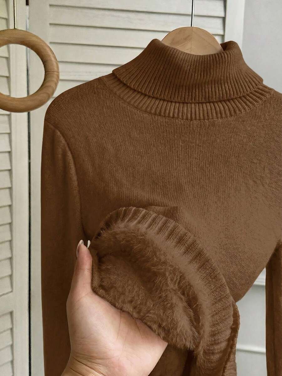 Rib Knit Turtleneck Sweater Long Sleeve Slim Fit - Brown - photo 7