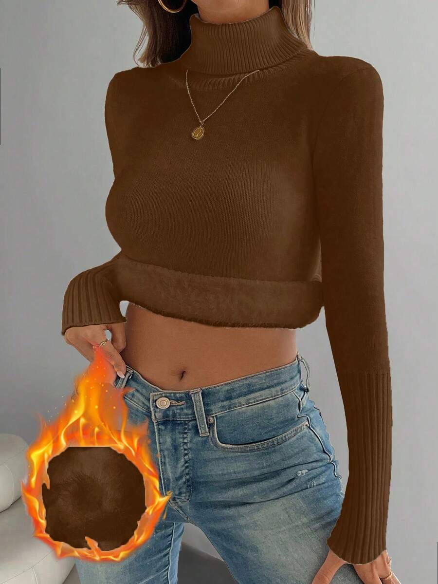 Rib Knit Turtleneck Sweater Long Sleeve Slim Fit - Brown - photo 8