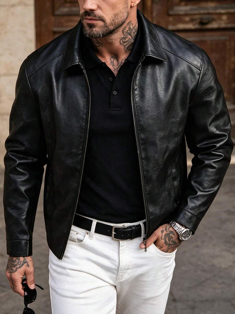Men's Black Faux Leather Jacket - Black