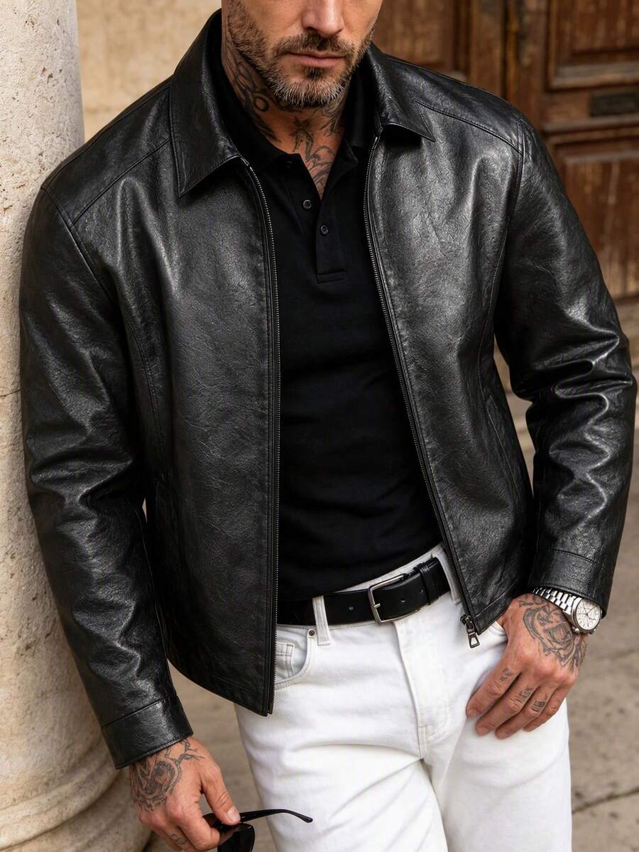 Men's Black Faux Leather Jacket - Black - photo 3