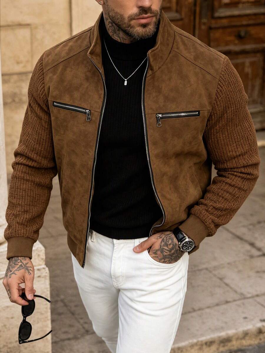 Men's Faux Leather Biker Jacket with Knit Sleeves - Camel