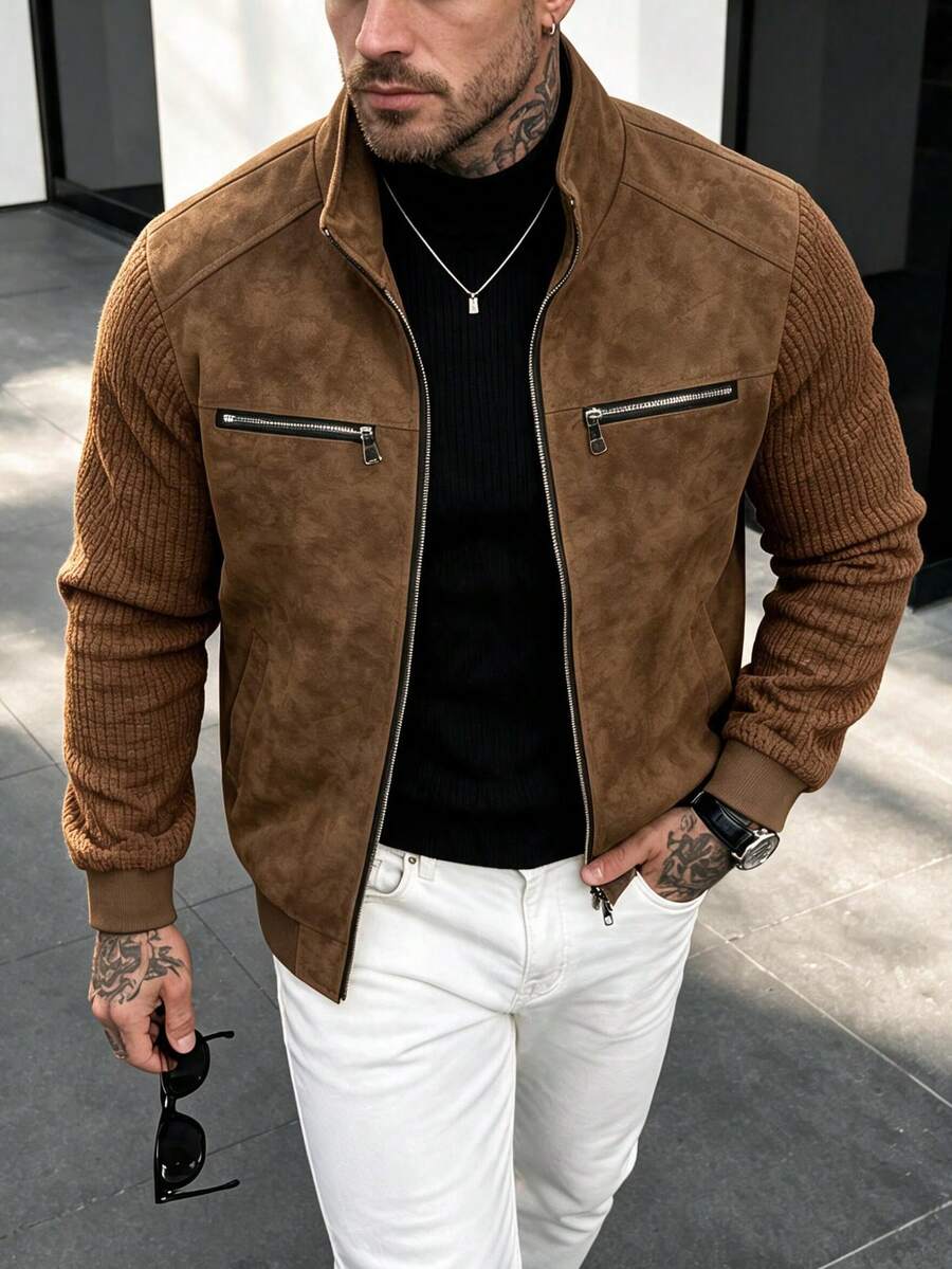 Men's Faux Leather Biker Jacket with Knit Sleeves - Camel - photo 5