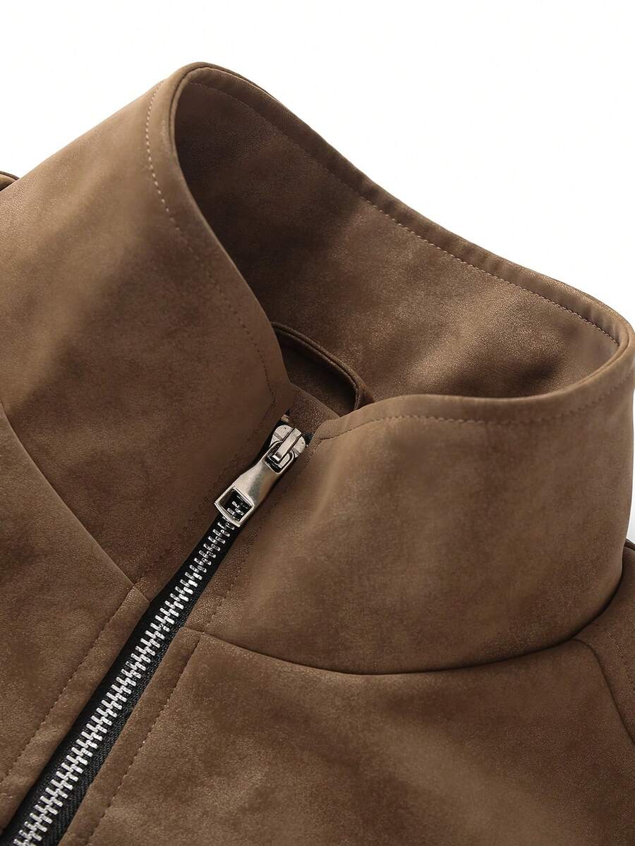 Men's Faux Leather Biker Jacket with Knit Sleeves - Camel - photo 6