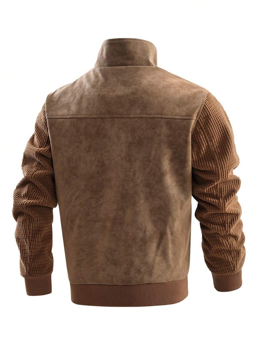 Men's Faux Leather Biker Jacket with Knit Sleeves - Camel - photo 11
