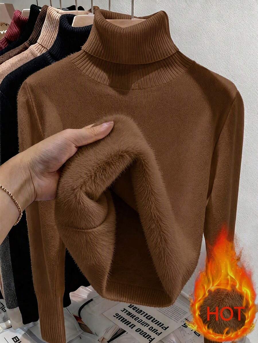 Rib Knit Turtleneck Sweater Long Sleeve Slim Fit - Brown