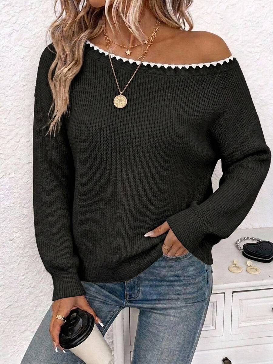 Off Shoulder Sweater Long Sleeve Pullover - Black