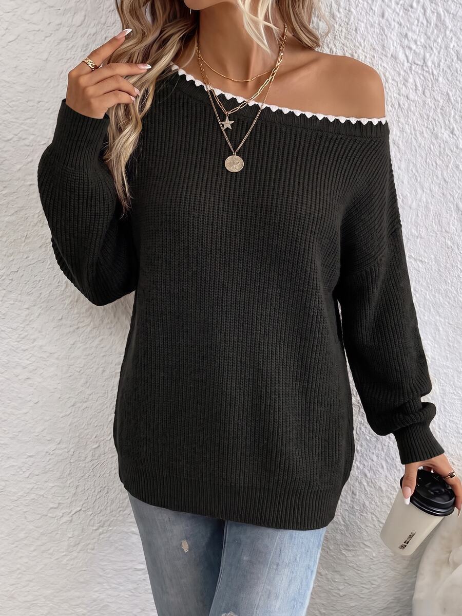 Off Shoulder Sweater Long Sleeve Pullover - Black - photo 4