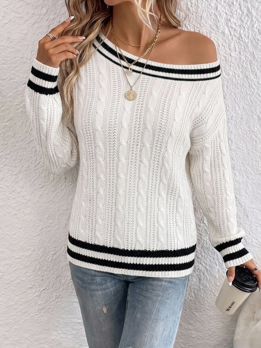 Off Shoulder Sweater Long Sleeve Pullover - White - photo 4