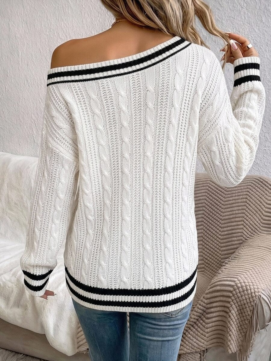 Off Shoulder Sweater Long Sleeve Pullover - White - photo 2