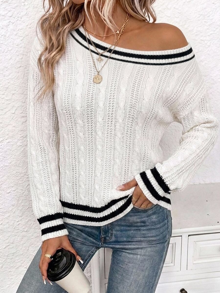 Off Shoulder Sweater Long Sleeve Pullover - White - photo 6