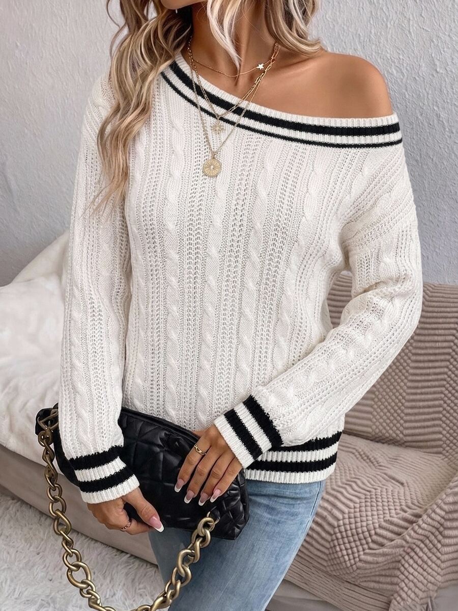 Off Shoulder Sweater Long Sleeve Pullover - White - photo 3