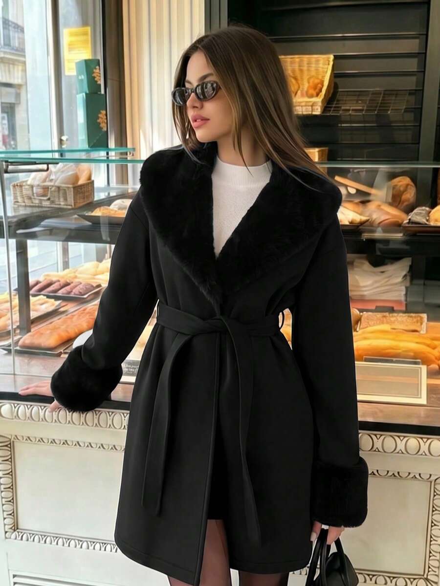 Women's Faux Fur Trim Belted Coat Long Sleeve Open Front Winter Jacket - Black