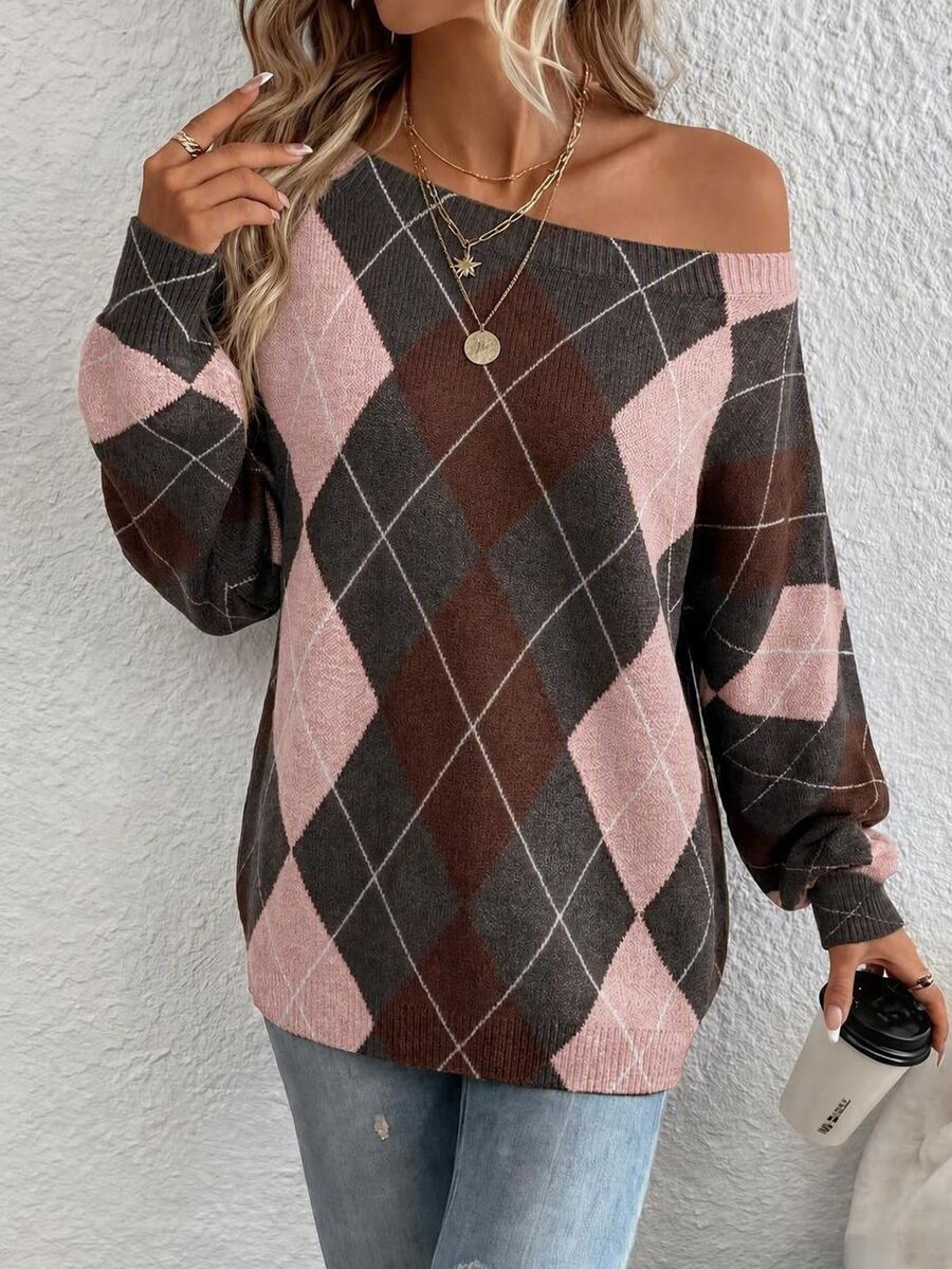 Off Shoulder Sweater Long Sleeve Pullover - Pink and Brown - photo 4
