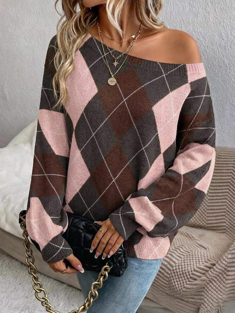 Off Shoulder Sweater Long Sleeve Pullover - Pink and Brown