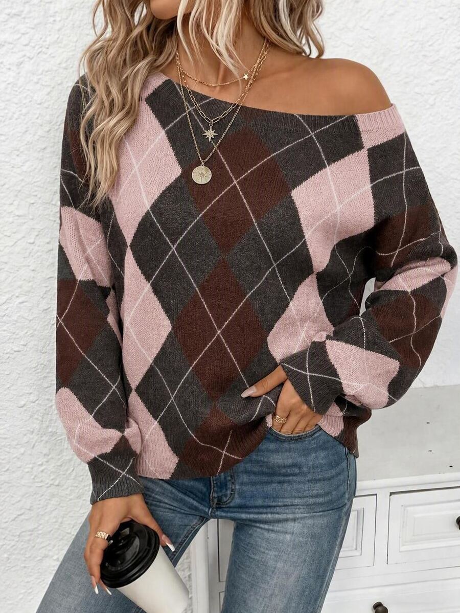 Off Shoulder Sweater Long Sleeve Pullover - Pink and Brown - photo 3