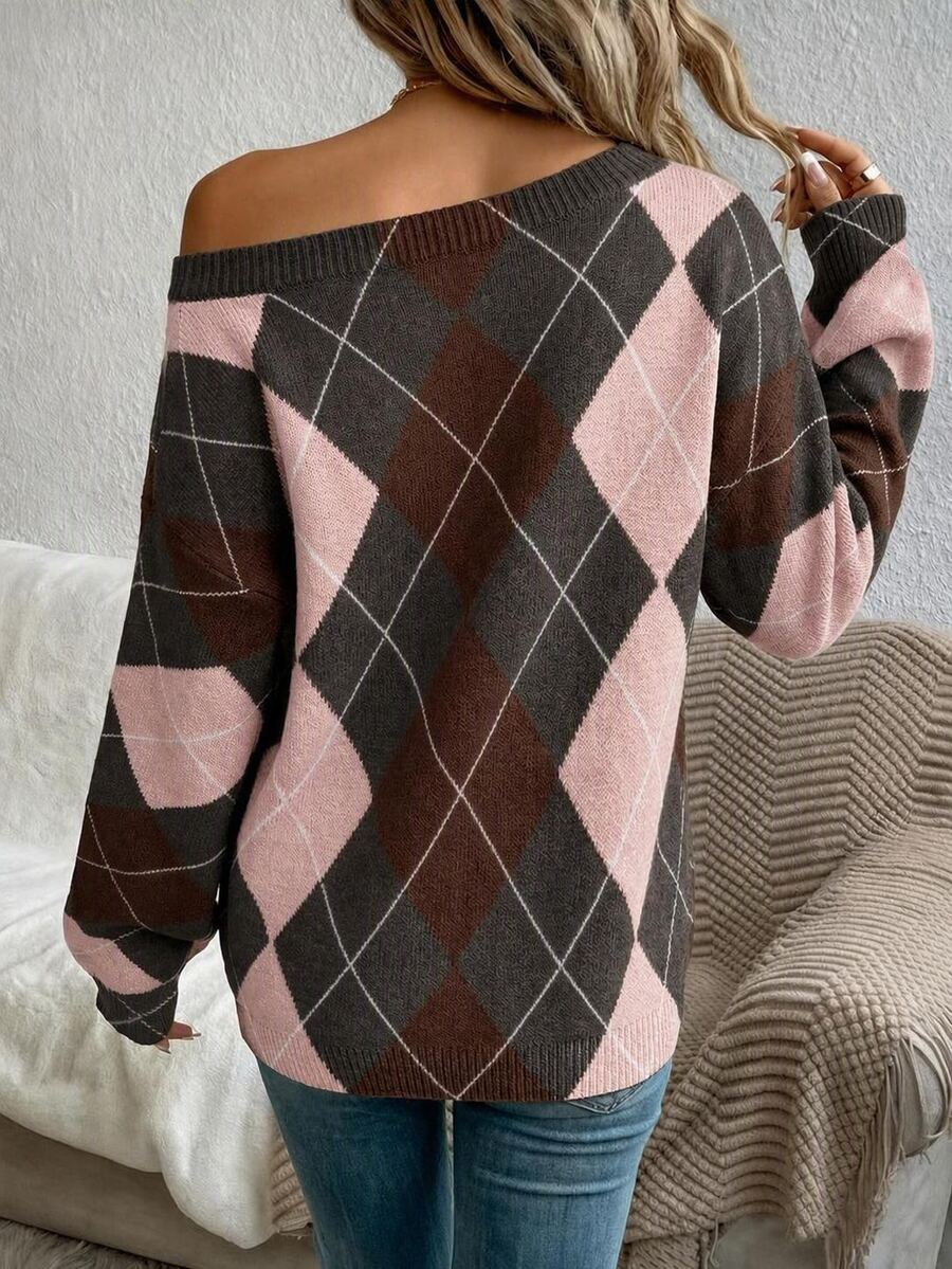 Off Shoulder Sweater Long Sleeve Pullover - Pink and Brown - photo 2
