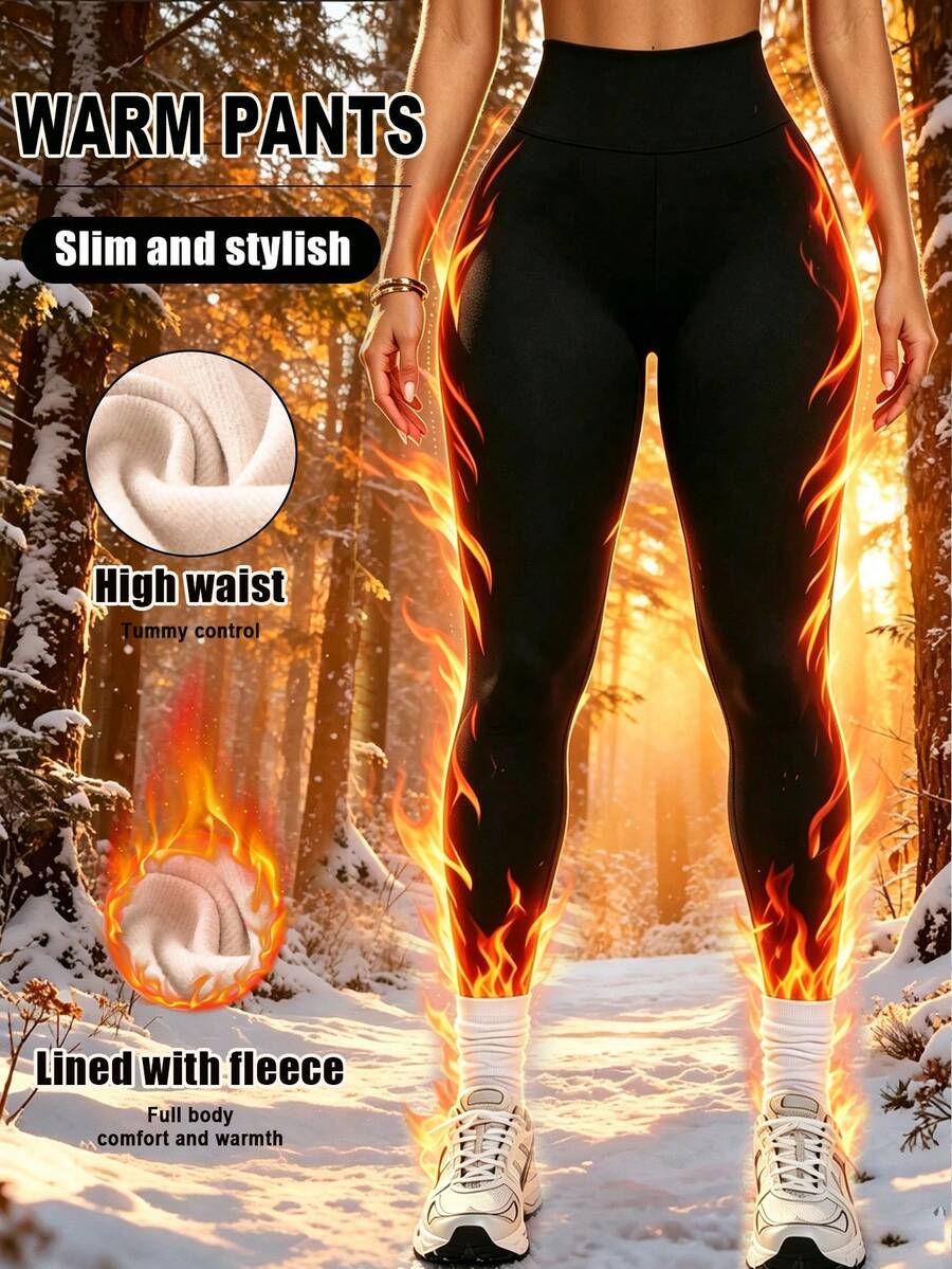 High Waist Fleece Lined Leggings for Women - Black