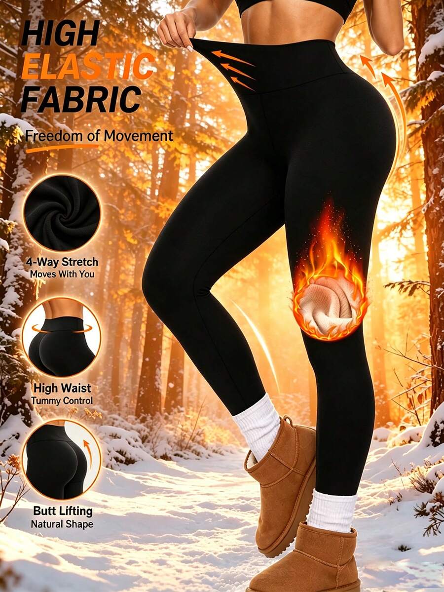 High Waist Fleece Lined Leggings for Women - Black - photo 4