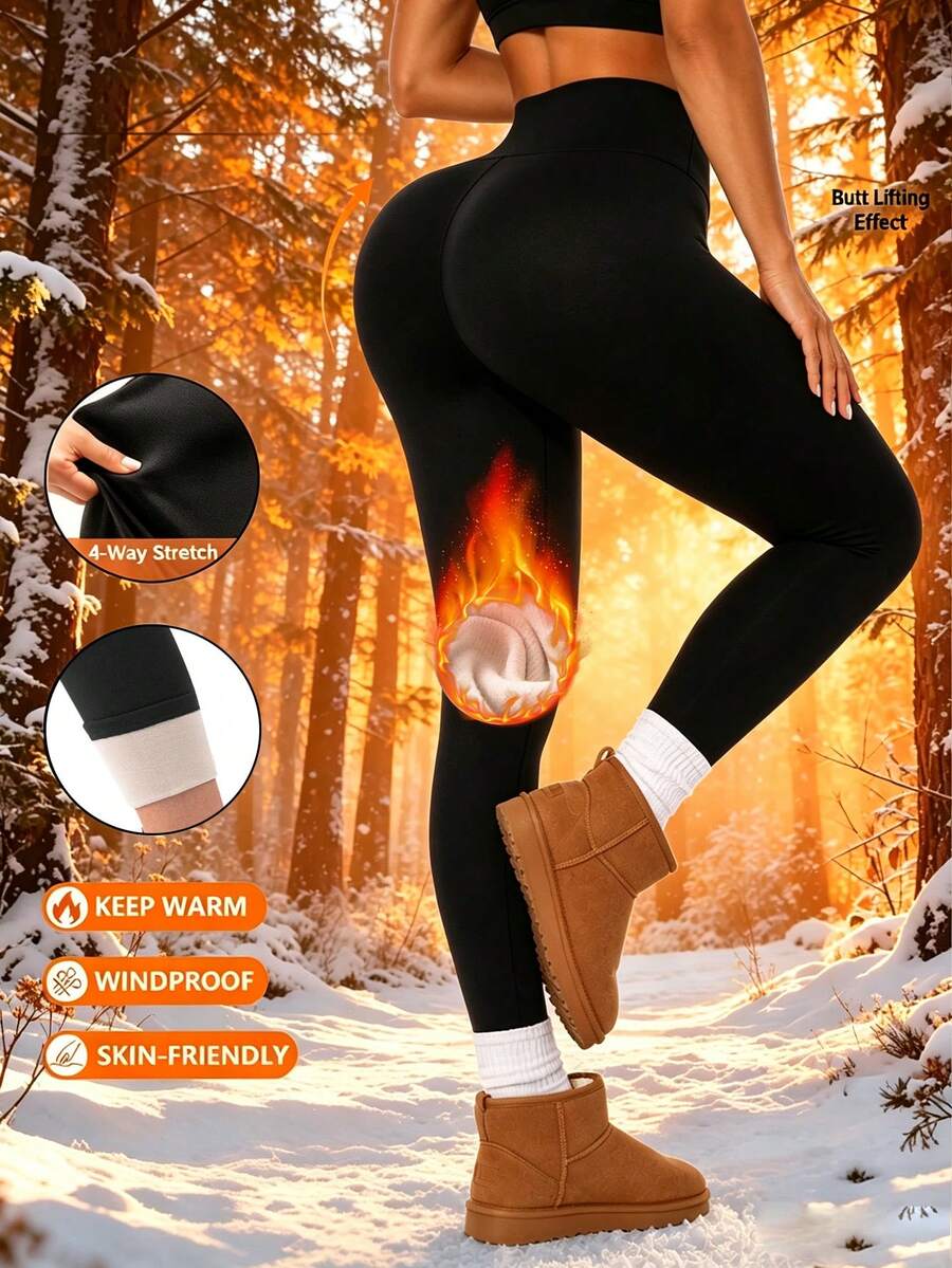 High Waist Fleece Lined Leggings for Women - Black - photo 3