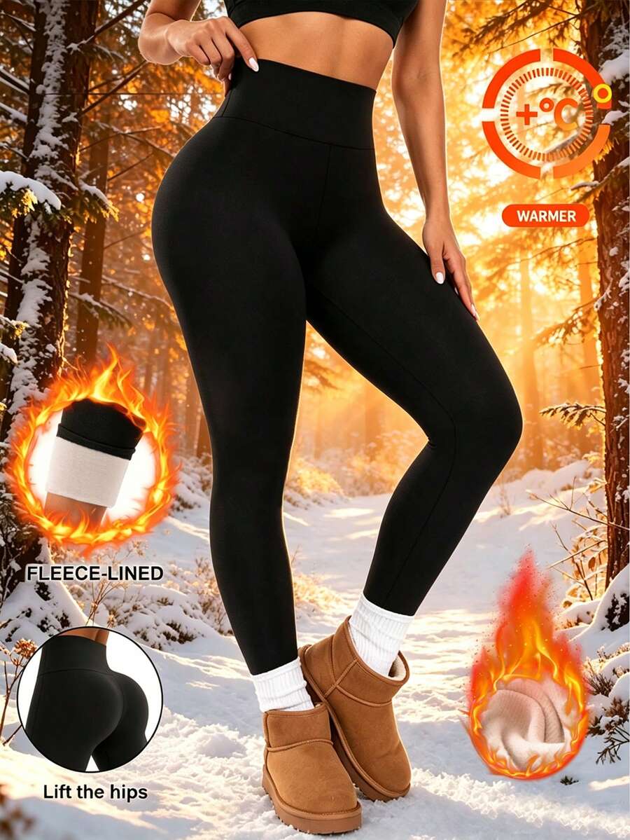 High Waist Fleece Lined Leggings for Women - Black - photo 5