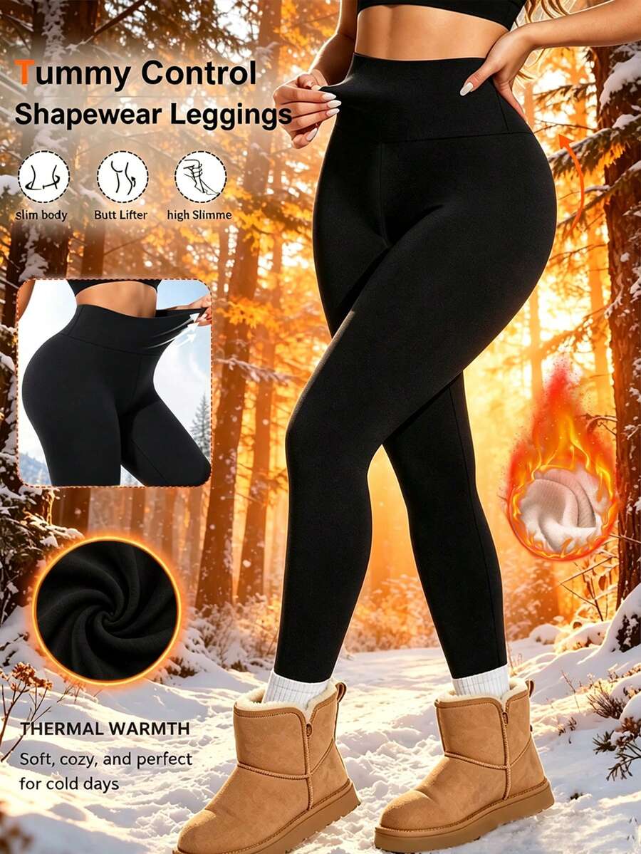 High Waist Fleece Lined Leggings for Women - Black - photo 2