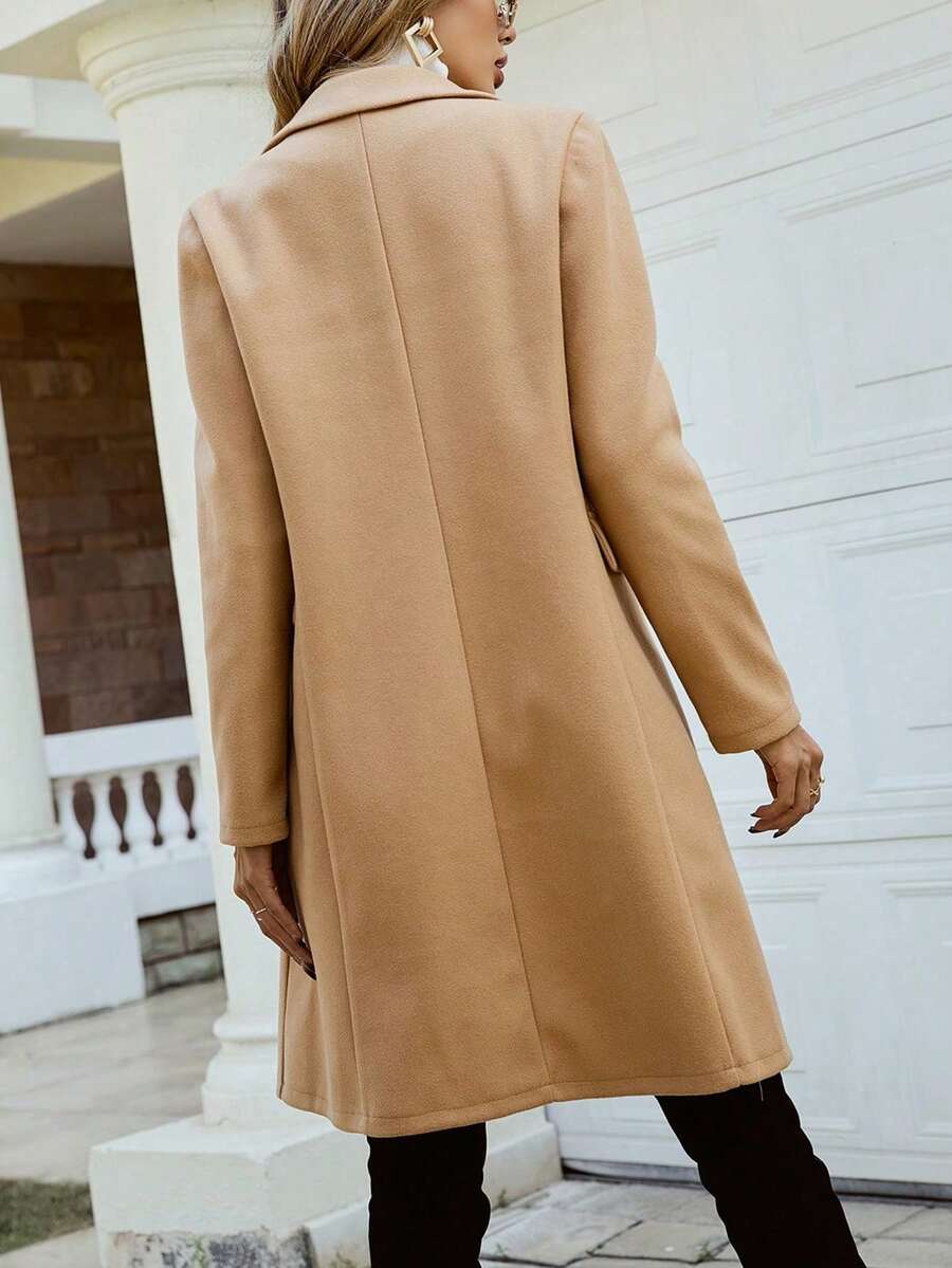 Women's Double Breasted Lapel Coat Thigh Length Long Sleeve - Camel - photo 2
