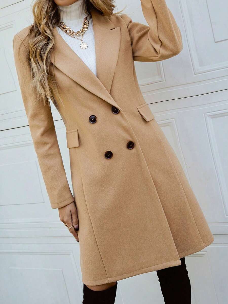 Women's Double Breasted Lapel Coat Thigh Length Long Sleeve - Camel - photo 7