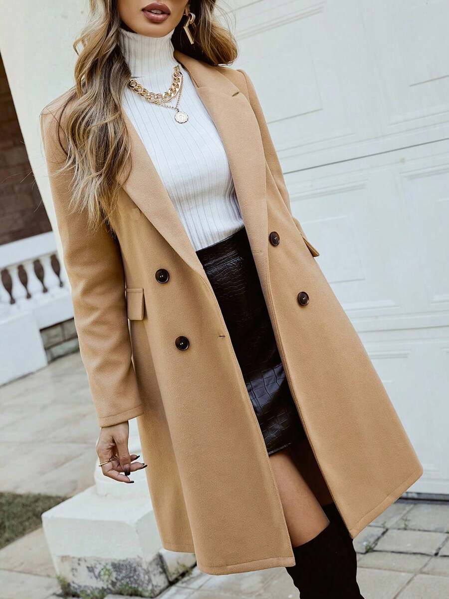 Women's Double Breasted Lapel Coat Thigh Length Long Sleeve - Camel - photo 3