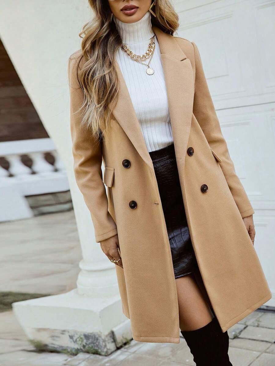 Women's Double Breasted Lapel Coat Thigh Length Long Sleeve - Camel - photo 6