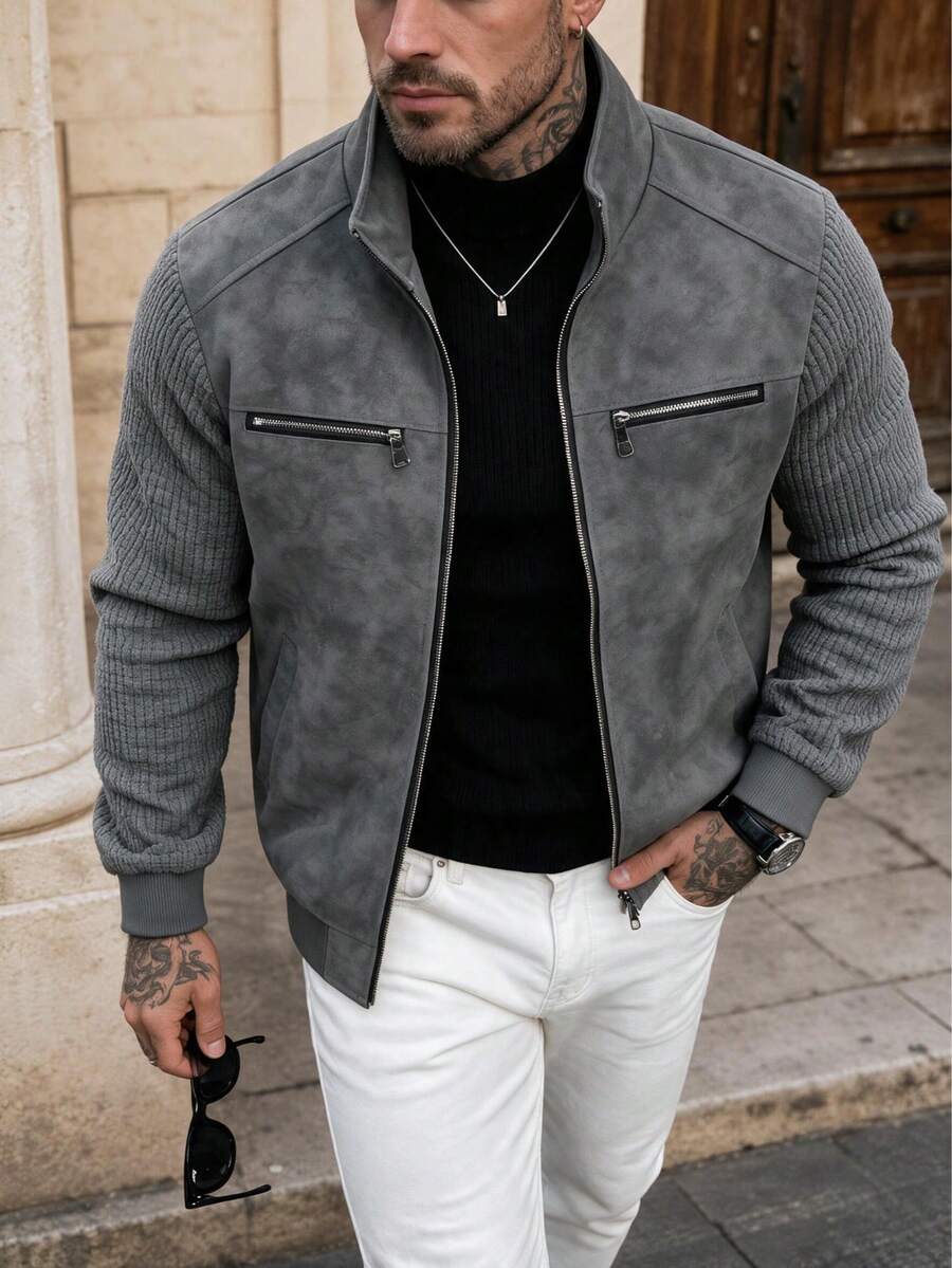 Men's Faux Leather Biker Jacket with Knit Sleeves - Gray