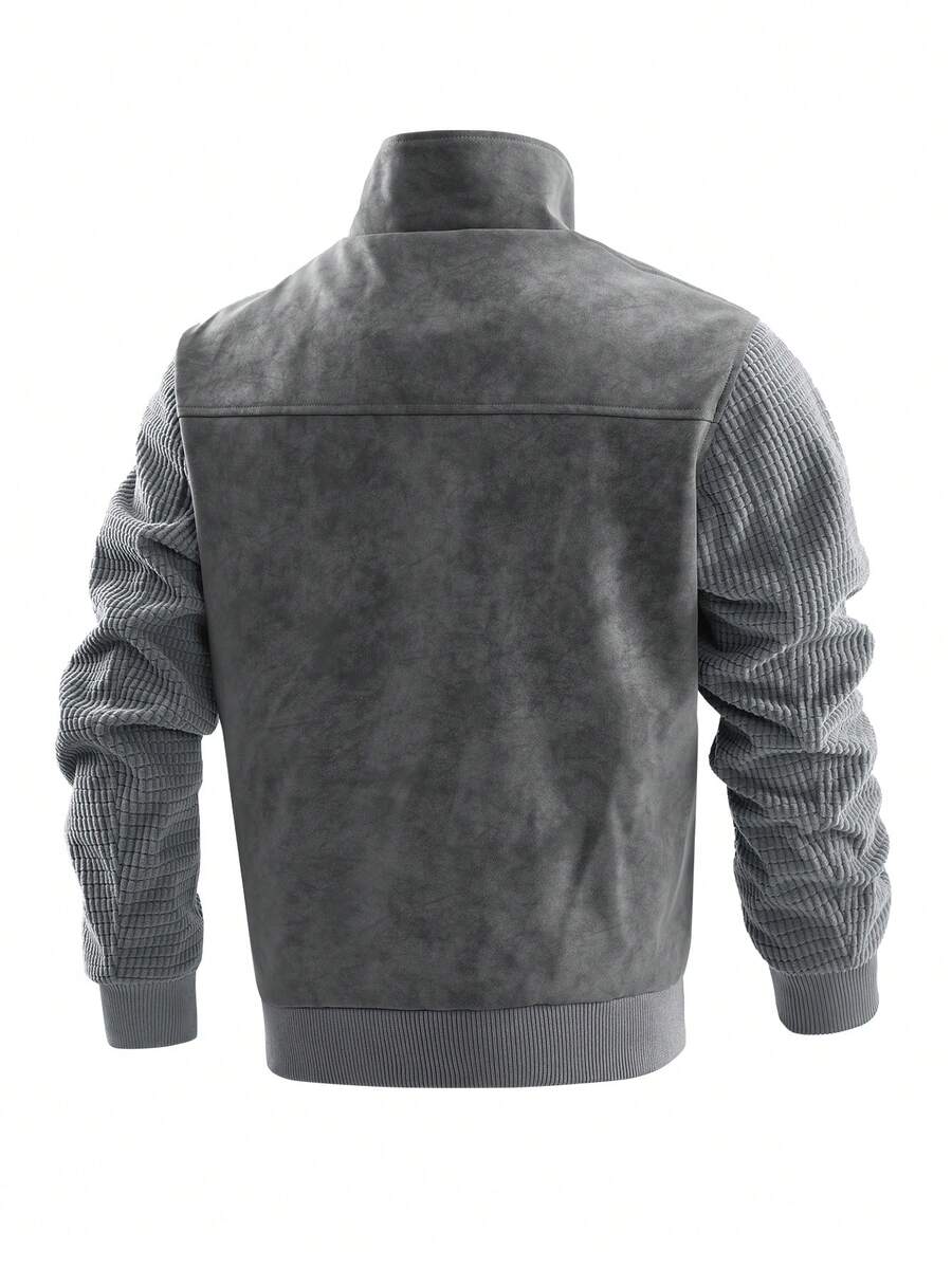 Men's Faux Leather Biker Jacket with Knit Sleeves - Gray - photo 4