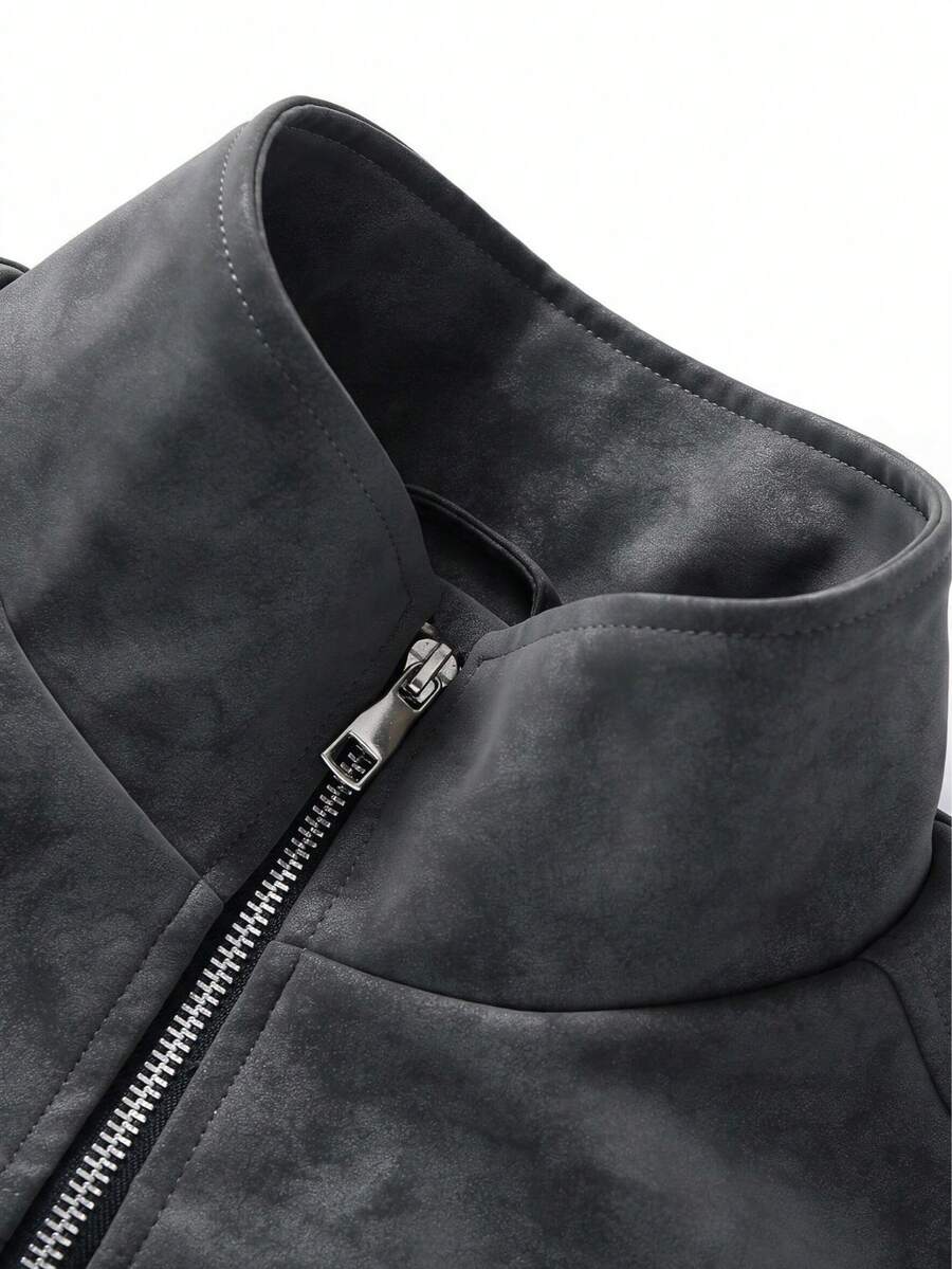 Men's Faux Leather Biker Jacket with Knit Sleeves - Gray - photo 5