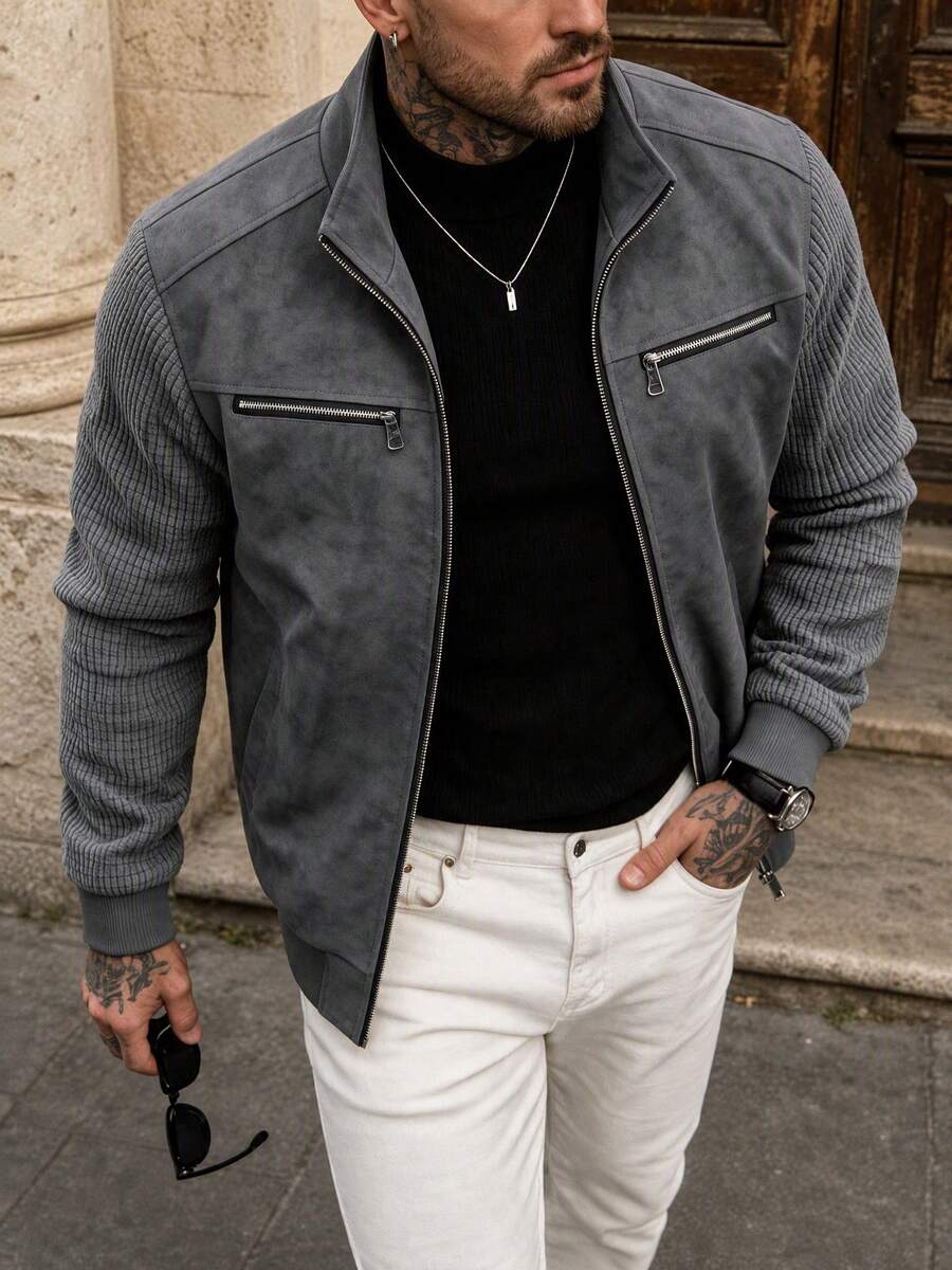 Men's Faux Leather Biker Jacket with Knit Sleeves - Gray - photo 2