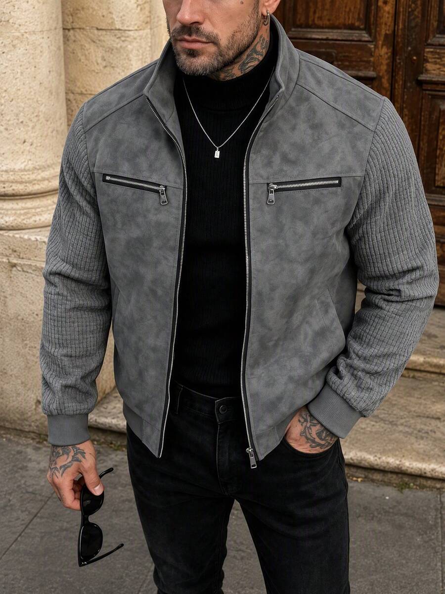 Men's Faux Leather Biker Jacket with Knit Sleeves - Gray - photo 3