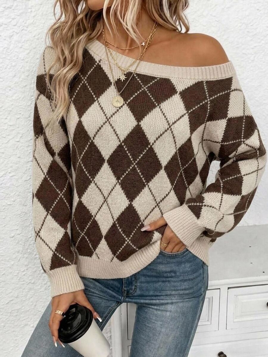 Off Shoulder Sweater Long Sleeve Pullover - Brown and Cream - photo 3