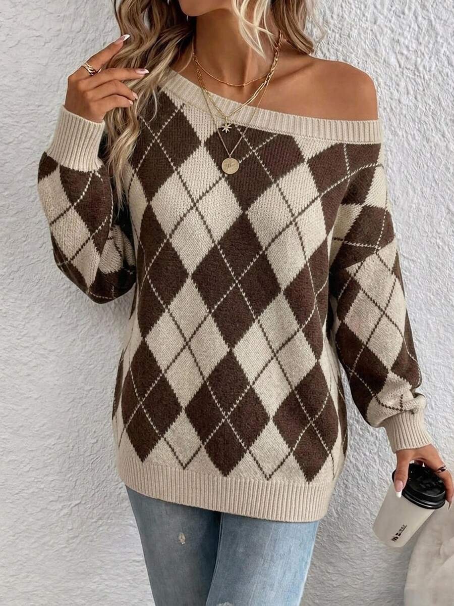 Off Shoulder Sweater Long Sleeve Pullover - Brown and Cream - photo 4