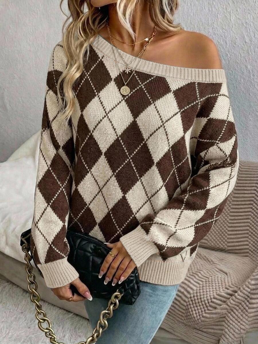 Off Shoulder Sweater Long Sleeve Pullover - Brown and Cream